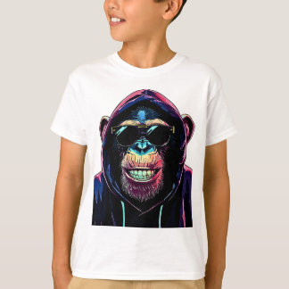Neon Vibe – Stylish Chimpanzee in Hoodie and Sungl Tシャツ