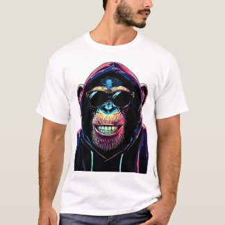 Neon Vibe – Stylish Chimpanzee in Hoodie and Sungl Tシャツ