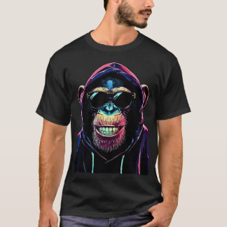 Neon Vibe – Stylish Chimpanzee in Hoodie and Sungl Tシャツ
