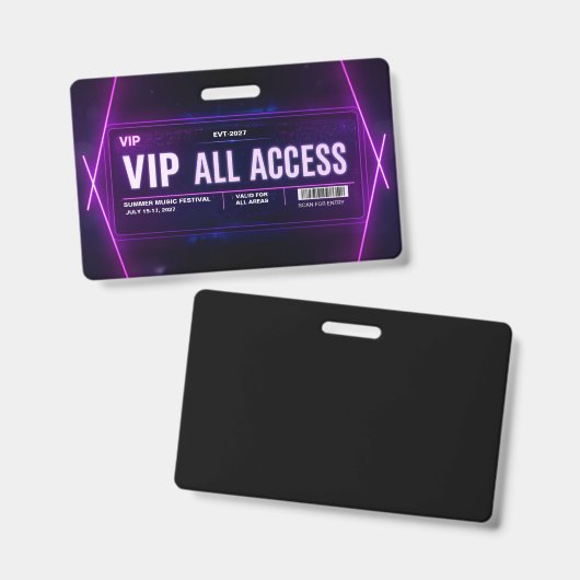Neon VIP All Access Pass Template with QR Code バッジ (正面＆裏面)