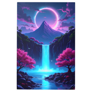 Neon Waterfall Landscape with Mountain メタルプリント