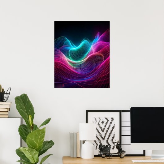 Neon Waves on Dark Abstract Digital Art ポスター (ホームオフィス)