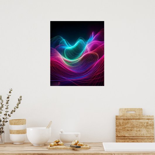 Neon Waves on Dark Abstract Digital Art ポスター (キッチン)