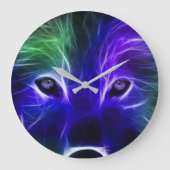 Neon Wolf Galaxy Art – Colorful Mystical Wolf Desi ラージ壁時計 (正面)