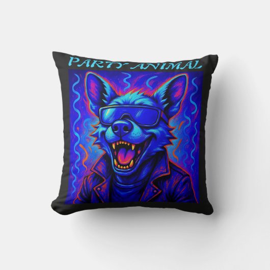 Neon wolf Party Animal – Colorful Retro Graphic クッション (正面)
