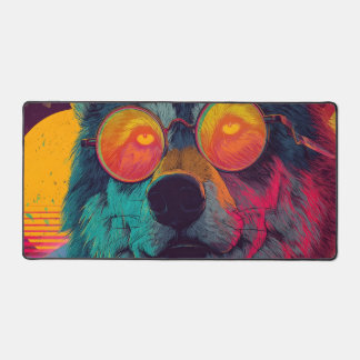 Neon Wolf with Glasses – Retro Synthwave Art デスクマット