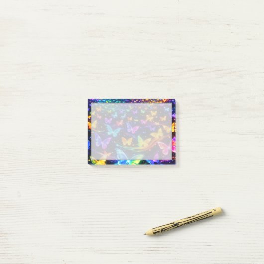 Neonfarbener Notizzettel mit Schmetterlingsmotiv ポストイット (デスク上)