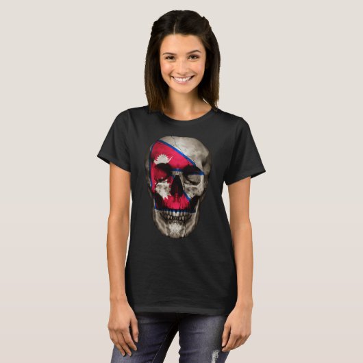 Nepal Flag Skull Nepalese Roots Proud Patriotic Tシャツ (正面フル)