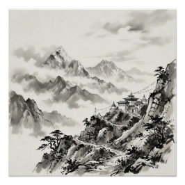 Nepal Himalayas Ink Wash Landscape ポスター