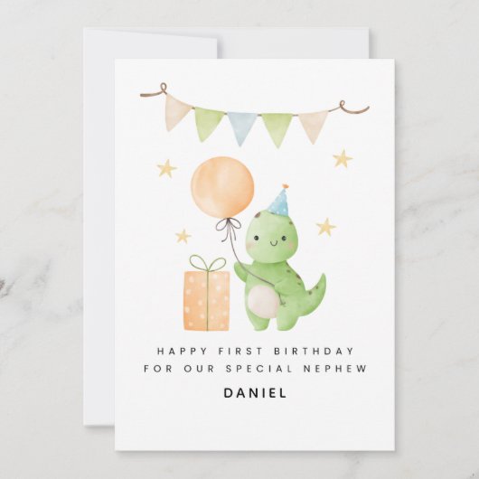 Nephew 1st Birthday Card Cute Watercolor Dinosaur カード (正面)