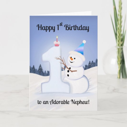 Nephew Happy 1st Birthday Snowman Building カード (正面)