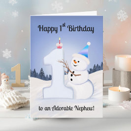Nephew Happy 1st Birthday Snowman Building カード