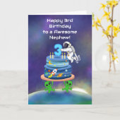 Nephew Happy 3rd Birthday Astronaut with Aliens カード (黄色い花)