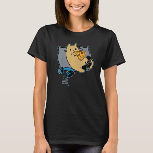 Nerdy Pizza Eating Gamer Cat Game Paused Tシャツ (正面)