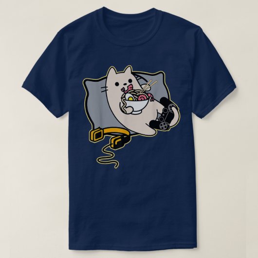 Nerdy Ramen Eating Gamer Cat Game Paused  Tシャツ (デザイン正面)