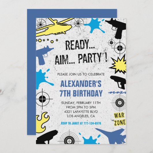 Nerf誕生日招待状ダーツ戦争狩り子供 招待状 (正面/裏面)