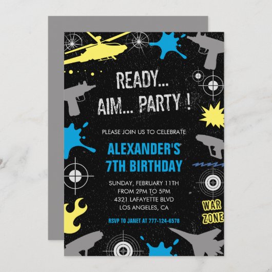 Nerf誕生日招待状男の子は銃の戦争をダーツ 招待状 (正面/裏面)