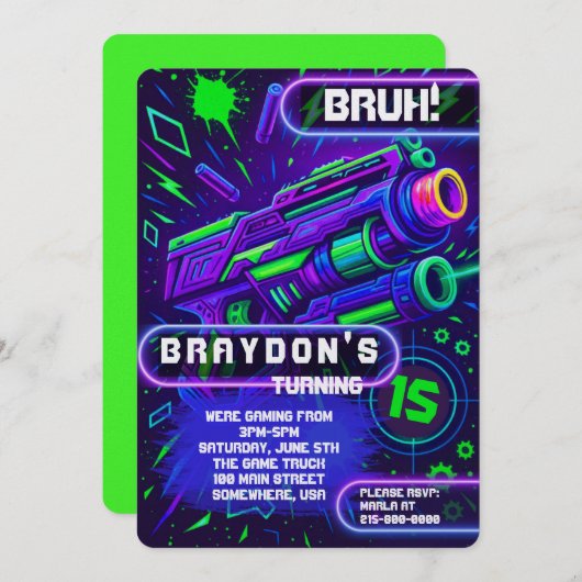 Nerf Gun Laser Tag GAMING Birthday Party 招待状 (正面/裏面)