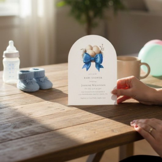 Nesting Bird Blue Bow Baby Shower Invitation 招待状