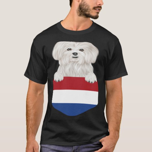Netherlands Flag Maltese Dog In Pocket Tシャツ (正面)