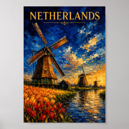 Netherlands: Golden Sunset Windmill Art Souvenir ポスター