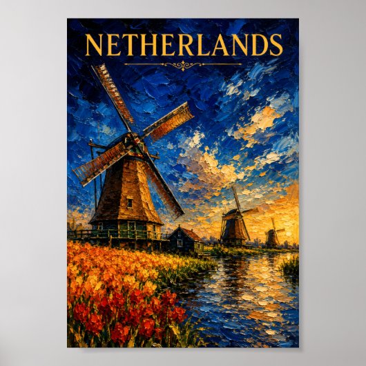 Netherlands: Golden Sunset Windmill Art Souvenir ポスター (正面)