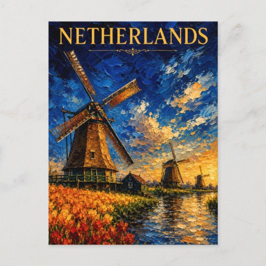 Netherlands: Golden Sunset Windmill Art Souvenir ポストカード (正面)
