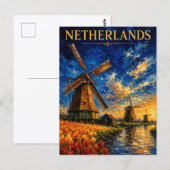 Netherlands: Golden Sunset Windmill Art Souvenir ポストカード (正面/裏面)