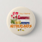 Netherlands Vintage Holland Flag and Dutch Tulip 缶バッジ (正面)