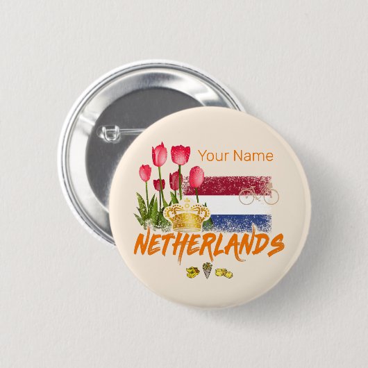 Netherlands Vintage Holland Flag and Dutch Tulip 缶バッジ (正面&裏面)