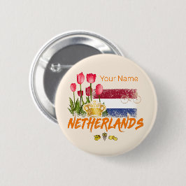Netherlands Vintage Holland Flag and Dutch Tulip 缶バッジ