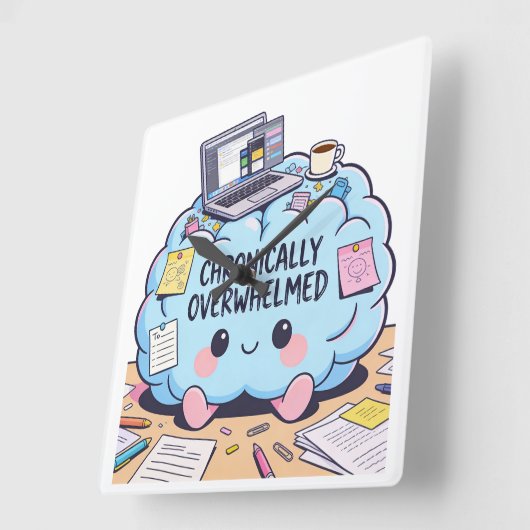 Neurodivergent Chronically Overwhelmed Cute Brain スクエア壁時計 (傾斜)