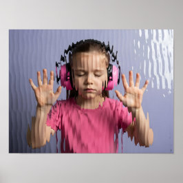 Neurodivergent kid girl with pink headphones press ポスター