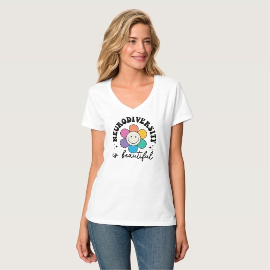"Neurodiversity is Beautiful" Retro Flower Tシャツ (正面フル)