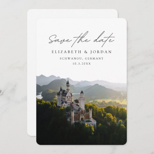 Neuschwanstein城結婚式の日付を保存 招待状 (正面/裏面)