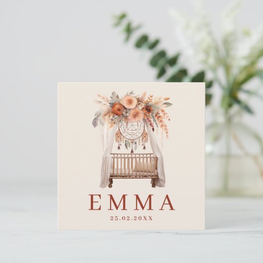 Neutraal Boho Wieg Bloemen  Aardetinten geboorte カード (スタンド正面)