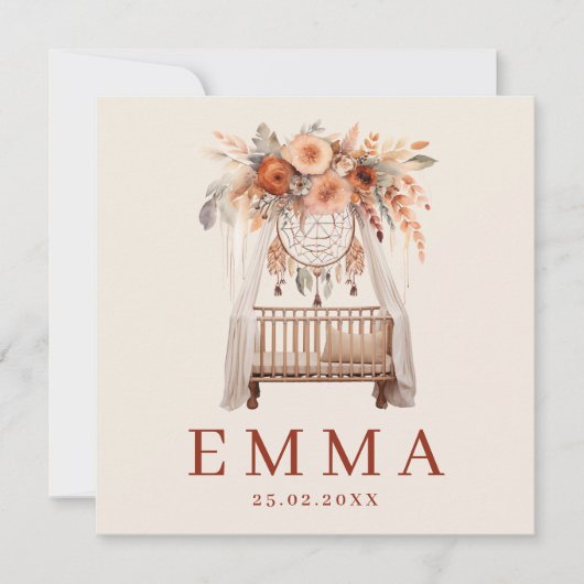 Neutraal Boho Wieg Bloemen  Aardetinten geboorte カード (正面)