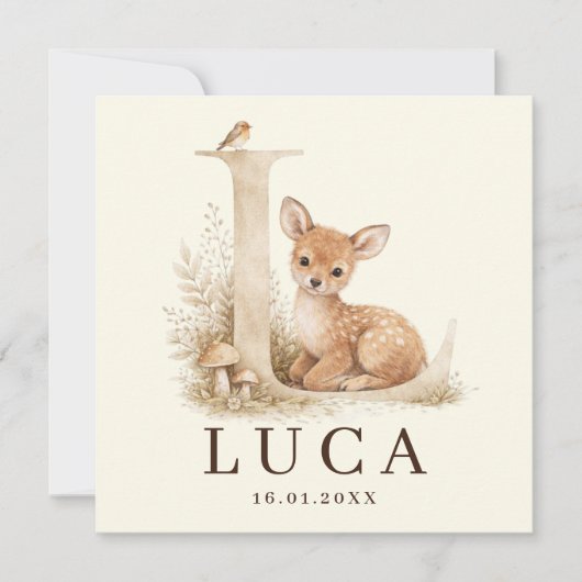 Neutraal geboortekaartje hertje monogram L カード (正面)