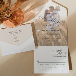 Neutral エレガント Boho Photo結婚's オールインワン招待状<br><div class="desc">このオールイエレガントンワン結婚式招待状は、シックなセリフとサンフォントを黒で組み合わせた抜本的な書道文字を備えモダン、前面にフォトオーバーレイ、背面にカスタマイズ可能なモノグラムを備えている。一致する項目が使用可能。</div>