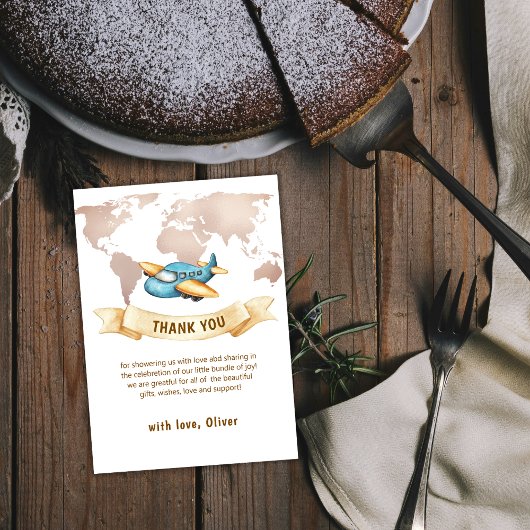 Neutral Adventure World Map Airplane Baby Shower  サンキューカード