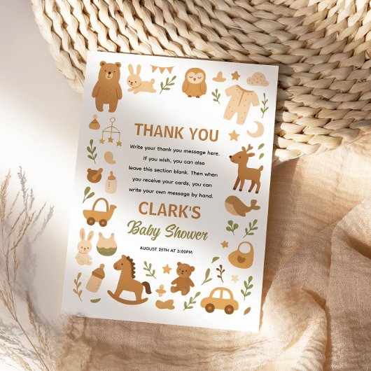Neutral Baby Boy Shower | Cute Safari Animal サンキューカード