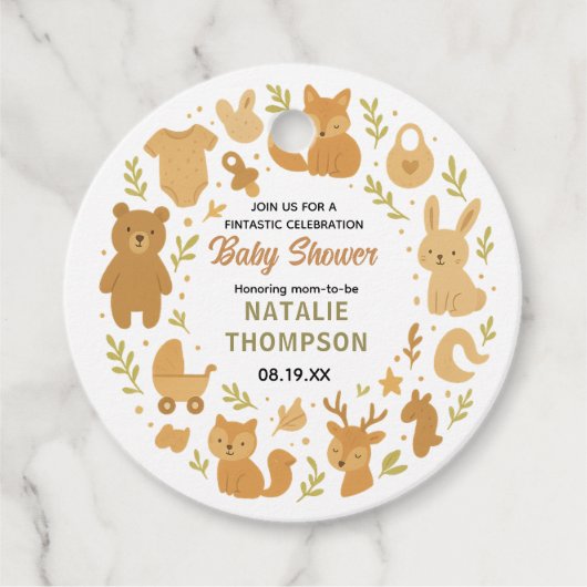 Neutral Baby Boy Shower | Cute Safari Animal フェイバータグ (正面)