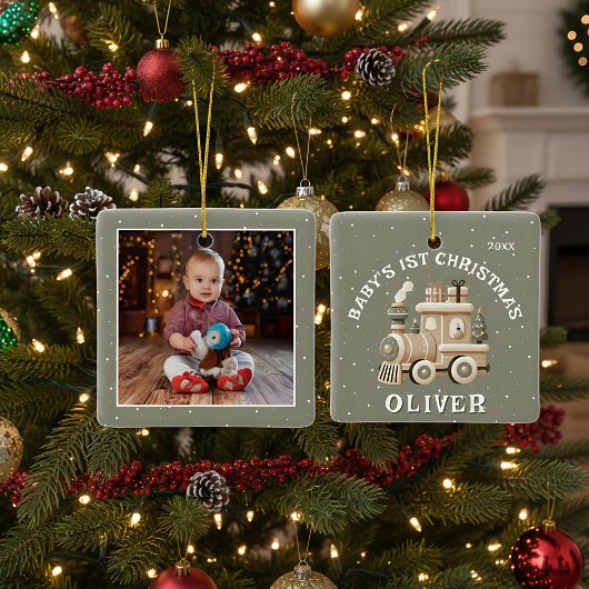 Neutral Baby’s 1st Christmas Train Keepsake Photo セラミックオーナメント