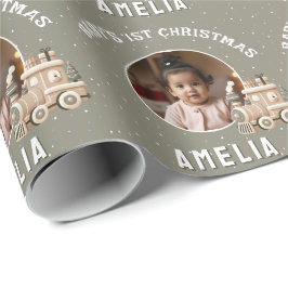 Neutral Baby’s 1st Christmas Train Keepsake Photo ラッピングペーパー