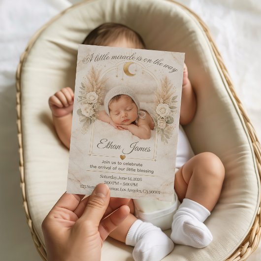 Neutral Baby Shower Boho Floral Moon Baby Sprinkle 招待状