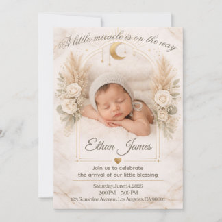 Neutral Baby Shower Boho Floral Moon Baby Sprinkle 招待状