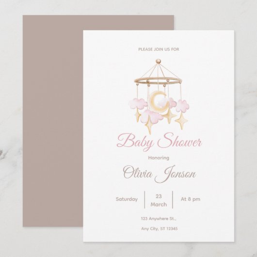 Neutral Baby Shower Invitation Moon and Stars 招待状 (正面/裏面)