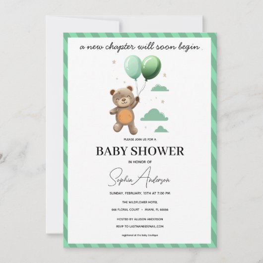 Neutral Baby Shower Invitation Teddy Bear Green Ba 招待状 (正面)