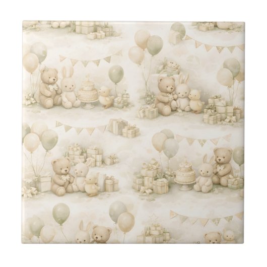 Neutral Baby Shower Teddy Bear Party Pattern タイル (正面)