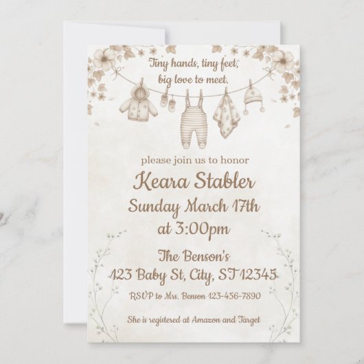 Neutral Baby Shower Tiny Hands, Tiny Feet 招待状 (正面)